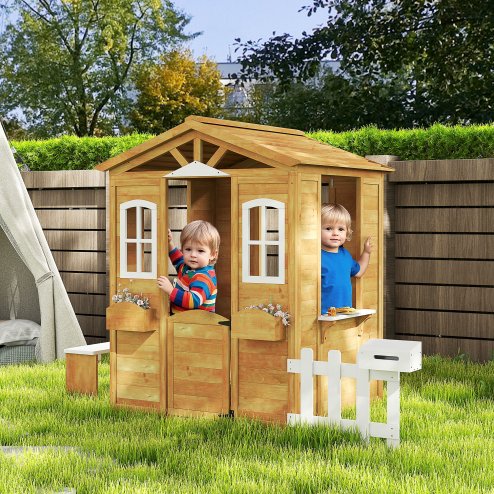 Outsunny Wooden Playhouse for Kids Outdoor Wendy House with Door, Windows, Mailbox, Flower Pot Holder, Serving Station, Bench for Children, Toddlers, Yellow