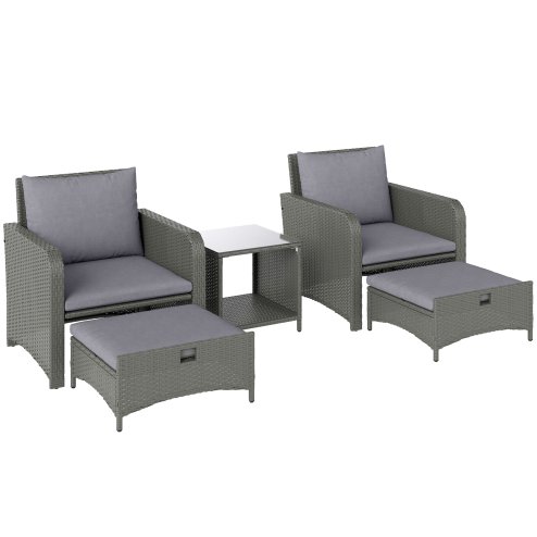 Outsunny 5 Piece Rattan Garden Furniture Set, Wicker Patio Conversation Set with 2 Chairs, 2-Tier Coffee Table, 2 Ottomans and Thick Cushions for Outdoor, Balcony, Bistro, Porch, Grey