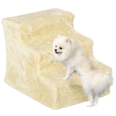 PawHut Dog Steps for Sofa, 3 Steps Dog Stairs, Pet Stairs, with Washable Plush Cover, for Small Breeds, Cats - Beige