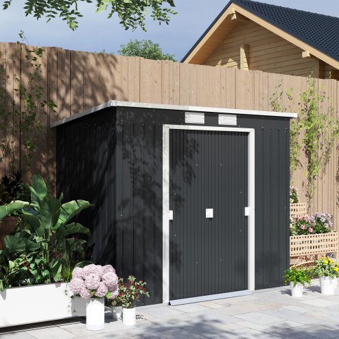 Outsunny 7 x 4ft Lean to Garden Shed with Foundation Kit, Double Door and Vents, Outdoor Metal Storage Shed for Equipment Tools, Dark Grey