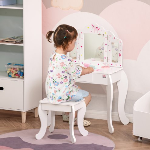 HOMCOM Kids Vanity Table & Stool Girls Dressing Set Make Up Desk Chair Dresser Play Set with Rotatable Mirrors Drawer Star & Heart Pattern White Image