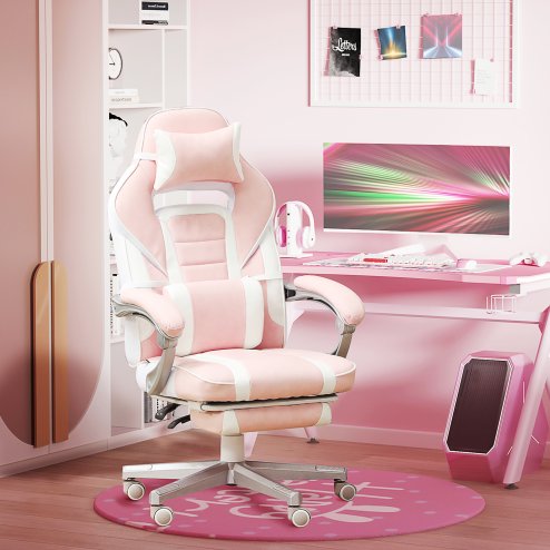 HOMCOM Gaming Chair with Footrest, PU Leather Computer Chair, Swivel Game Chair with 150 Reclining Back and Lumbar Support for Adults, Pink Image