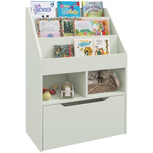 HOMCOM Kids Bookshelf with Storage Drawer, Children's Bookcase with Wheels, Toy Organiser for Bedroom, Playroom - Green Image