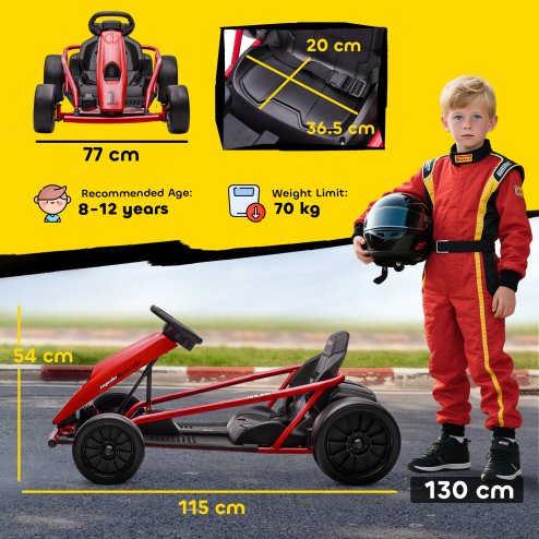 HOMCOM 24V Electric Go Kart for Kids, Drifting Ride-On Racing Go Kart with Slow Start, Music, Horn Honking and Safety Belt, for 8-12 Years Old, Red