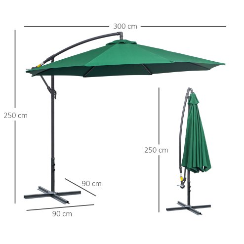 Outsunny 3(m) Garden Banana Parasol Hanging Cantilever Umbrella with Crank Handle and Cross Base for Outdoor, Sun Shade, Green