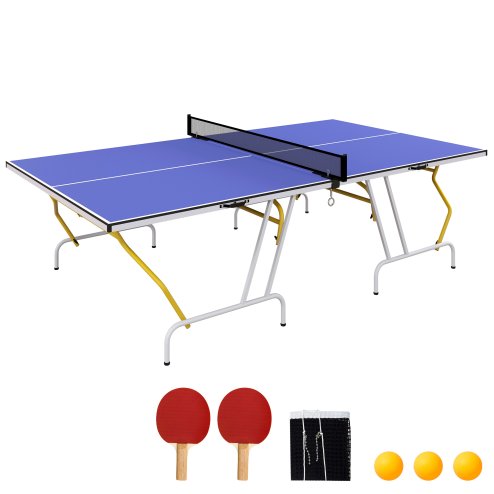 SPORTNOW 9FT Foldable Table Tennis Table, Fold Into Quarters, Indoor Portable Full Size Ping Pong Table with Cover, Net, Paddles, Balls, Blue