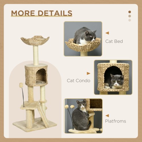 PawHut 116cm Cat Tree for Indoor Cats, Cat Tower with Scratching Posts, Ramp, Cat House, Toy Balls, Platforms, Bed, Ramp - Beige