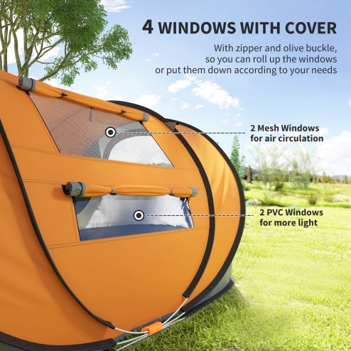 Outsunny 4 Person Pop-up Camping Tent Family Tent with Ground Sheet, 4 Windows and Portable Carry Bag for Beach Outdoor Trip