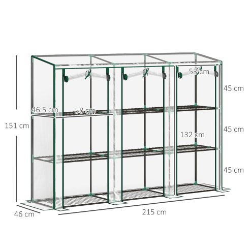 Outsunny 3 Tier Lean-to Mini Greenhouse with Reinforced Plastic Cover, Portable Indoor Outdoor Green House with 3 Roll-up Doors and 9 Wire Shelves, 151H x 215W x 46Dcm, Clear