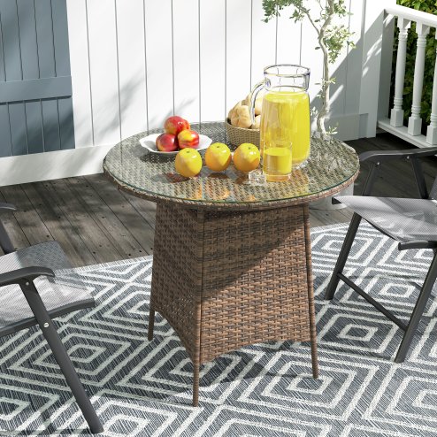 Outsunny Wicker Garden Rattan Table, Patio Furniture Outdoor Coffee Table with Umbrella Hole and Tempered Glass Top, Brown Image