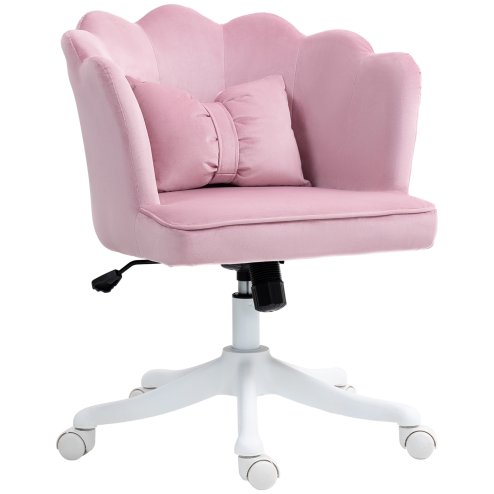 HOMCOM Velvet Office Chair with Petal Shell Back and Lumbar Pillow, Armless Desk Chair with Wide Seat and Tilt Function, Height Adjustable Swivel Makeup Vanity Chair for Bedroom, Pink