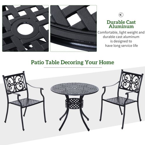 Outsunny 85cm Round Garden Dining Table with 46.5mm Dia. Umbrella Hole, Cast Aluminium Outdoor Dining Table, Grid Motif Outdoor Table for Garden, Patio, Porch, Black