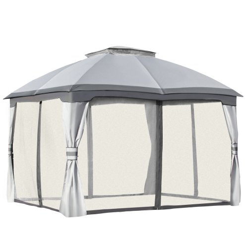 Outsunny 3.7 x 3(m) Metal Gazebo Canopy Party Tent Garden Patio Shelter with Netting Sidewalls & Double Tiered Roof, Grey