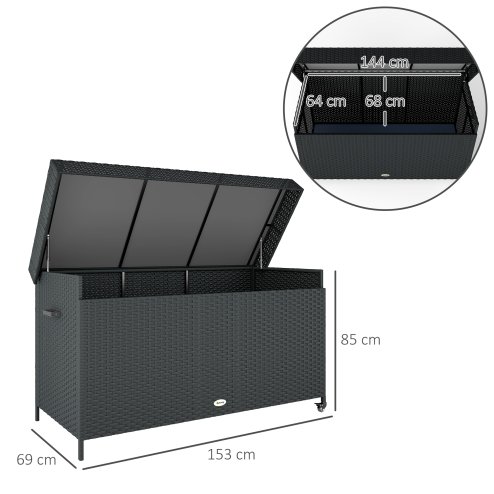 Outsunny 627 L Rattan Garden Storage Box, Outdoor Garden Cushion Storage Box with Gas Lift Lid and Wheels, Outdoor Rattan Chest Container for Cushions, Pillows and Tools, Black