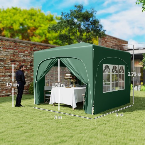 Outsunny 3 x 3(m) Pop Up Gazebo with Sides and Carry Bag, UPF50+, Height Adjustable Party Tent Instant Event Shelter for Garden, Outdoor, Patio, Dark Green