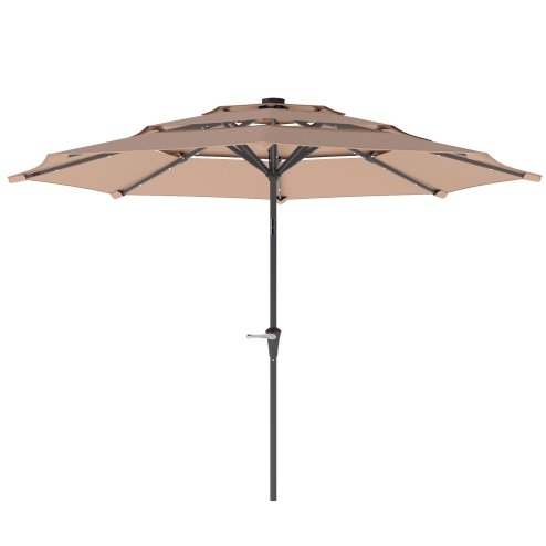 Outsunny 2.6 m Garden Parasol with Solar LED Lights, 3-Tier Patio Umbrella Outdoor with Tilt Mechanism & Crank Handle, UPF 30+, Table Umbrella for Market Terrace, Khaki
