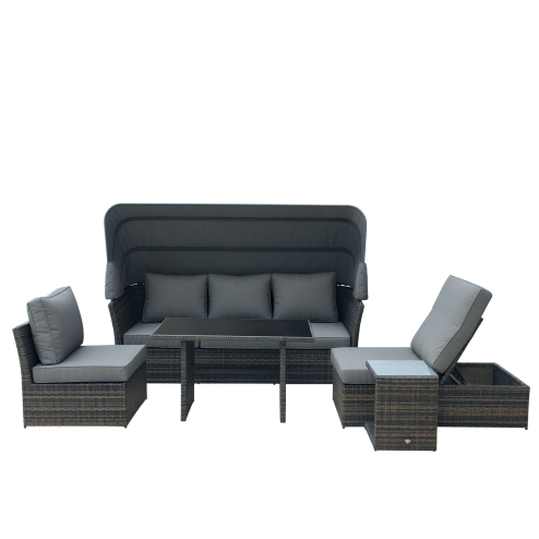 Outsunny 5 PCS Outdoor Rattan Wicker Sofa Sets Reclining Sofa Adjustable Canopy & Side Table Dining Table Set Sectional Conversation Furniture w/ Cushions, Mixed Grey