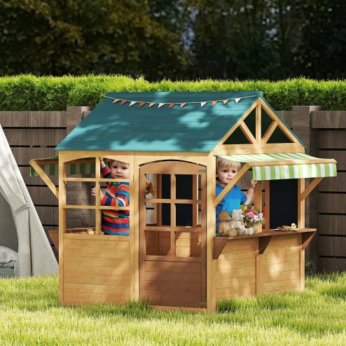AIYAPLAY Wooden Playhouse for Kids Outdoor, Foldable Wendy House with Windows, Working Door, Service Stations, Rain Covers, Blackboards, Kids Garden Toys for 3-8 Years