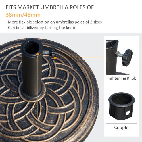 Outsunny 11.5kg Garden Parasol Base, Round Heavy Duty Umbrella Stand Holder, Resin Parasol Stand for 38mm or 48mm Outdoor Umbrella Poles, Bronze Tone