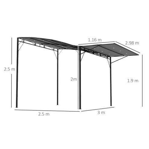 Outsunny 3 x 2.5m Patio Metal Gazebo Door Window Awning Wall Mount Canopy Outdoor Sunshade with Extended Shelter Charcoal Grey