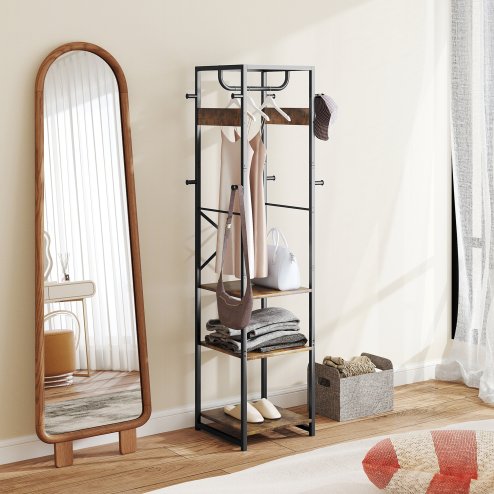 HOMCOM Coat Rack, Freestanding Coat Stand with 3 Shelves and 8 Hooks, Clothes Stand for Entryway, Hallway, Bedroom, 170 x 38.5 x 30 cm