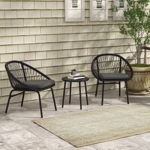 Outsunny 3 Pieces Rattan Bistro Set, Wicker Garden Furniture Set with Round Metal Top Coffee Table and Chairs, Washable Cushions for Outdoor, Patio, Balcony, Black