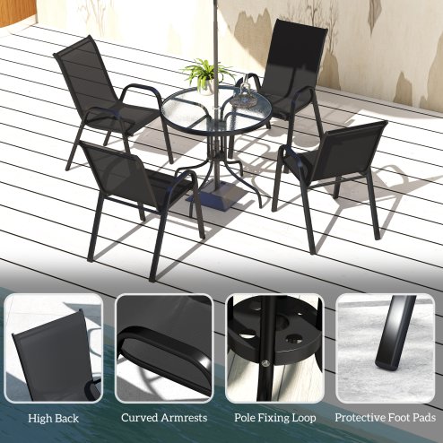 Outsunny 5 Pieces Garden Dining Set, 4 Seater Garden Furniture with High Back Stackable Chairs and Round Glass Top Table, Outdoor Bistro Set with Parasol Hole for Patio, Black