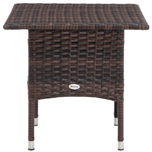Outsunny Rattan Side Table, Outdoor Coffee Table with Plastic Board Under the Full Woven Table Top for Patio, Garden, Balcony, Mixed Brown