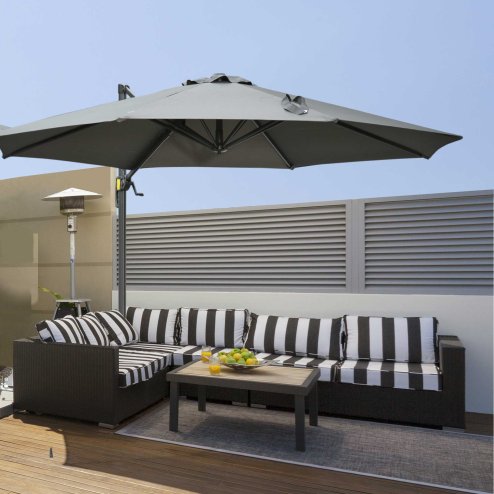 Outsunny 3(m) Patio Offset Parasol Roma Umbrella Cantilever Hanging Sun Shade Canopy Shelter Tilt 360 Rotation with Aluminium Frame Hand Crank Cross Base, Dark Grey