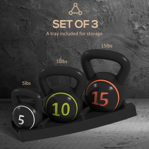 SPORTNOW Set 3 Kettlebell Set Weights with Storage Stand for Home Gym Weight Lifting Training, 5lbs, 10lbs, 15lbs (2.2kg, 4.5kg, 6.8kg)