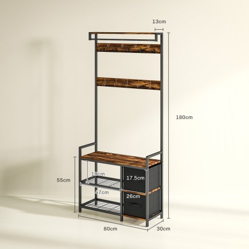 HOMCOM Coat Rack with Bench and Shoe Storage, 4-in-1 Coat Stand with 15 Coat Hooks, 2 Fabric Drawers for Hallway, Living Room, Bedroom, Rustic Brown