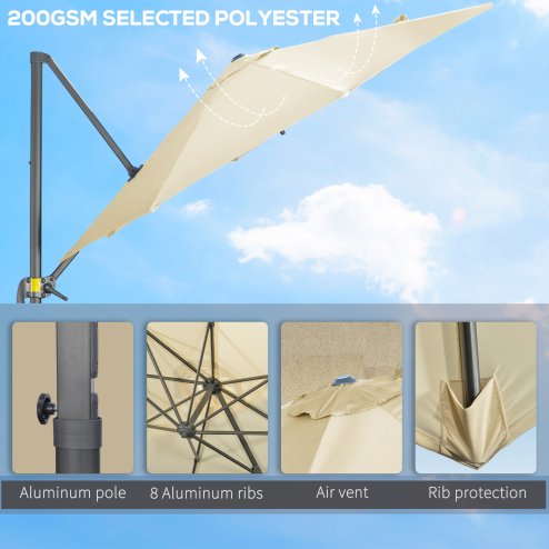 Outsunny 3 x 3(m) Cantilever Parasol with Cross Base, Garden Umbrella with 360 Rotation, Crank Handle and Tilt for Outdoor, Patio, Cream White