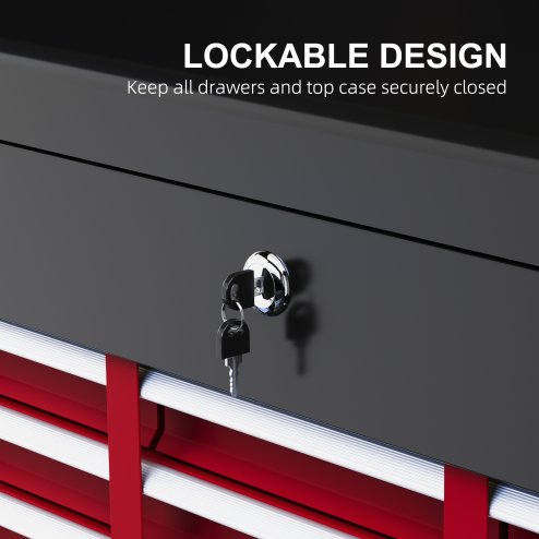 HOMCOM 6 Drawer Tool Chest, Lockable Metal Tool Box with Top Case, Ball Bearing Runners, Portable Toolbox, 600mm x 260mm x 340mm, Red