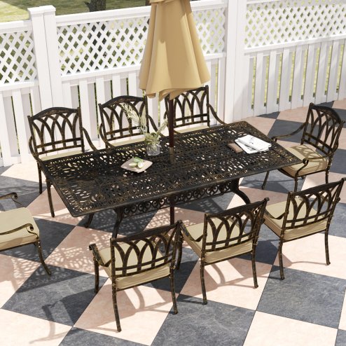 Outsunny 9 Pieces Cast Aluminium Garden Dining Set, 8 Seater Garden Table and Chairs with Parasol Hole, Outdoor Garden Furniture Set with Cushions for Patio, Bronze Tone