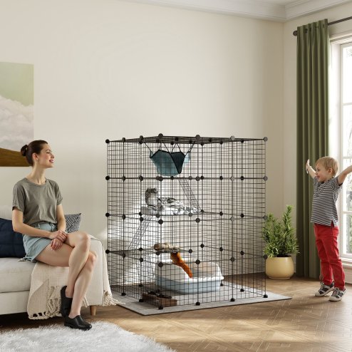 PawHut Cat Cage Indoor, DIY 4 Tier Wire Cat Enclosure with Hammock, Ramps, Doors, Jumping Platforms, Detachable Catio Indoor for 1-3 Cats, 105 x 105 x 140 cm, Black