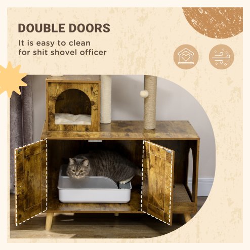 PawHut Cat Tree with Litter Box Enclosure, 2-in-1 Cat Tower for Indoor Cats with Cat House, Scratching Post, Hammock, Cushion, Rustic Brown