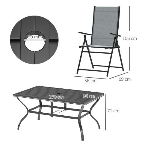Outsunny 7 Pieces Garden Dining Set, 6 Seater Garden Furniture Set with Parasol Hole, Outdoor Dining Set with High Back Folding Chairs and Square Metal Top Table for Outdoor Patio, Grey