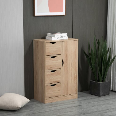 HOMCOM Bathroom Floor Cabinet, Freestanding Storage Unit with 4 Drawers and Door Cupboard for Living Room, Kitchen, Bedroom
