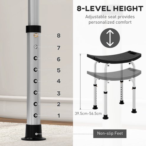 HOMCOM Height Adjustable Shower Stool, Aluminium Shower Chair, Non-Slip Bath Stool for Elderly, Disabled, Seniors, Pregnant