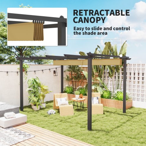 Outsunny 3 x 4m Pergola with Retractable Roof, Aluminium Frame Garden Gazebo Canopy Outdoor Sun Shade Shelter for Grill, Patio, Deck, Khaki