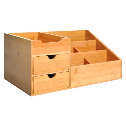 HOMCOM Desk Organiser Holder, Bamboo Multi-Function Storage Caddy with 7 Storage Compartments and 2 Drawers for Home Office Stationary Supplies