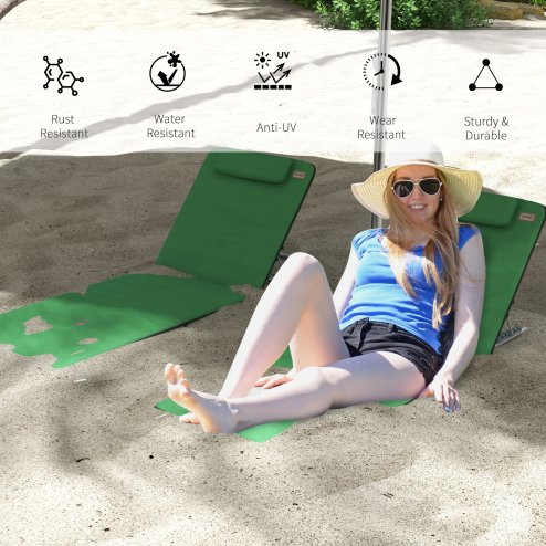 Outsunny Set of 2 Foldable Garden Beach Chair Mat Lightweight Outdoor Sun Lounger Seats Adjustable Back Metal Frame PE Fabric Head Pillow w/ Carry Bag, Green