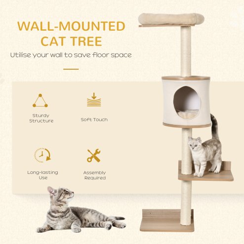 PawHut Cat Tree for Indoor Cats, Wall Mounted Cat Shelf w/ Perch, Cat House, Scratching Post - Beige