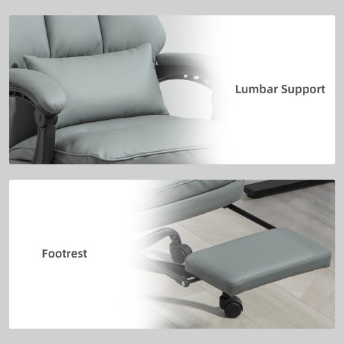 HOMCOM Executive Office Chair with Footrest, PU Leather High Back Desk Chair with Lumbar Support, Swivel Computer Chair with Adjustable Height and Padding Armrests, Grey