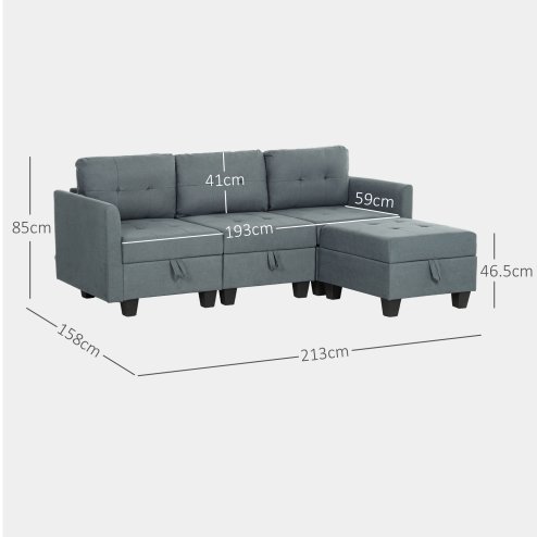 HOMCOM Convertible Modular Sectional Sofa with Storage, Tufted 3 Seater Sofa Set, L Shaped Couch with Ottoman, Wood Frame for Living Room