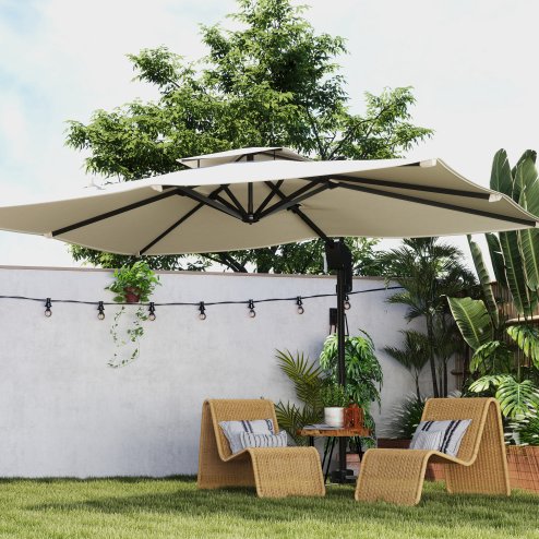 Outsunny 3.7 x 2.7 m Cantilever Parasol w/ 360 Rotation and Easy Tilt Adjustment, Aluminium Hanging Offset Outdoor Umbrella w/ Double Top and Cross Base, UPF50+ Hanging Sun Shade, Black