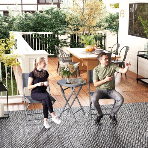 Outsunny 3 Pieces Outdoor Bistro Set, Glass Top Outdoor Table and 2 Folding Chairs, Garden Furniture Set with Protecting Feet, Steel Frame, Easy Clean, Grey