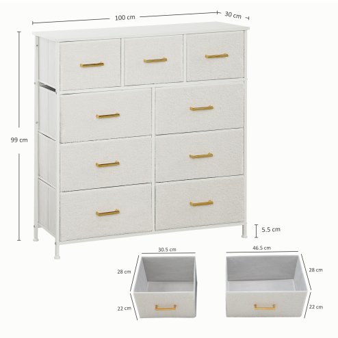HOMCOM Chest of Drawers with 9 Fabric Drawers, Boucle Storage Organiser with Steel Frame, Fabric Dresser for Bedroom, Living Room, Hallway, Cream White