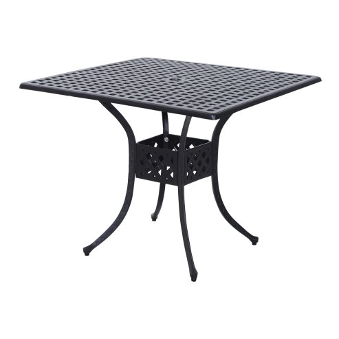 Outsunny 90 x 90cm Square Garden Dining Table with 46.5mm Dia. Umbrella Hole, Cast Aluminium Outdoor Dining Table, Grid Motif Outdoor Table for Garden, Patio, Porch, Black