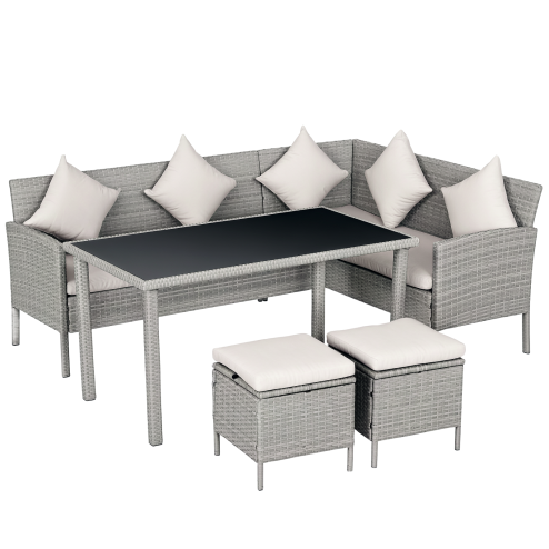 Outsunny 5 Pieces Rattan Garden Furniture Set, 6 Seater Wicker Dining Set, Corner Garden Sofa Outdoor Furniture Set with Glass Top Table, Footstool and Cushions for Patio, Beige